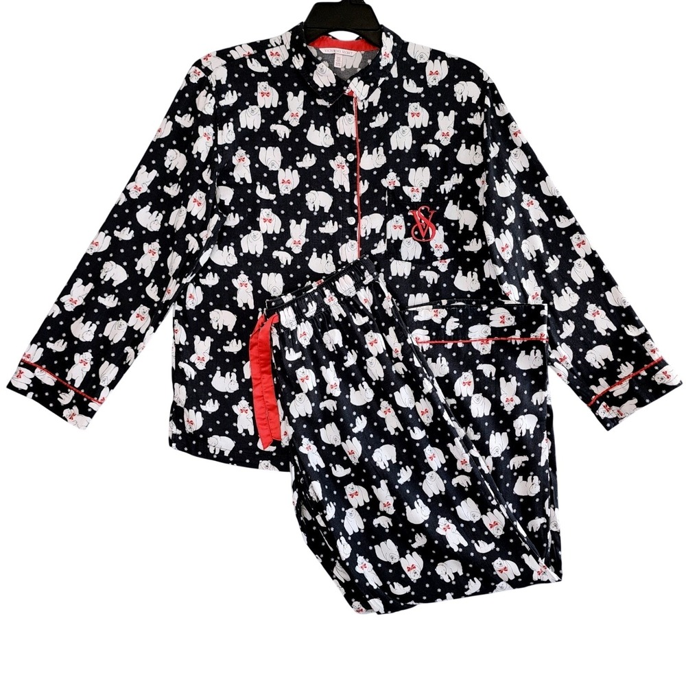 Victorias Secret Pajama Set Medium Black Polar Bear Print Holiday Sleepwear